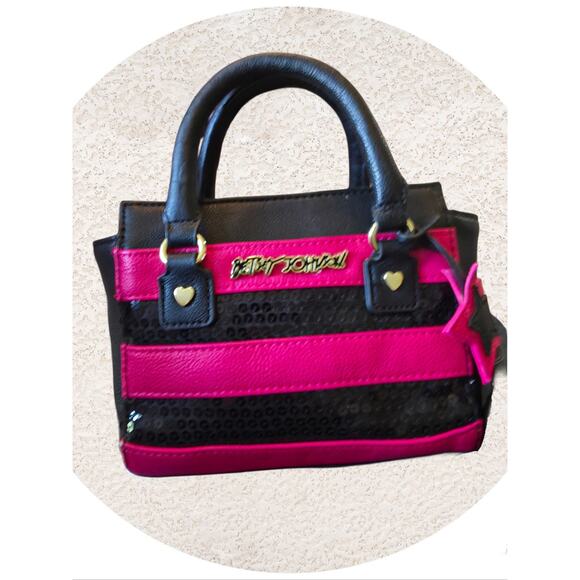Betsey Johnson Hot Pink & Black Striped Sequin Small Satchel - Picture 4 of 12